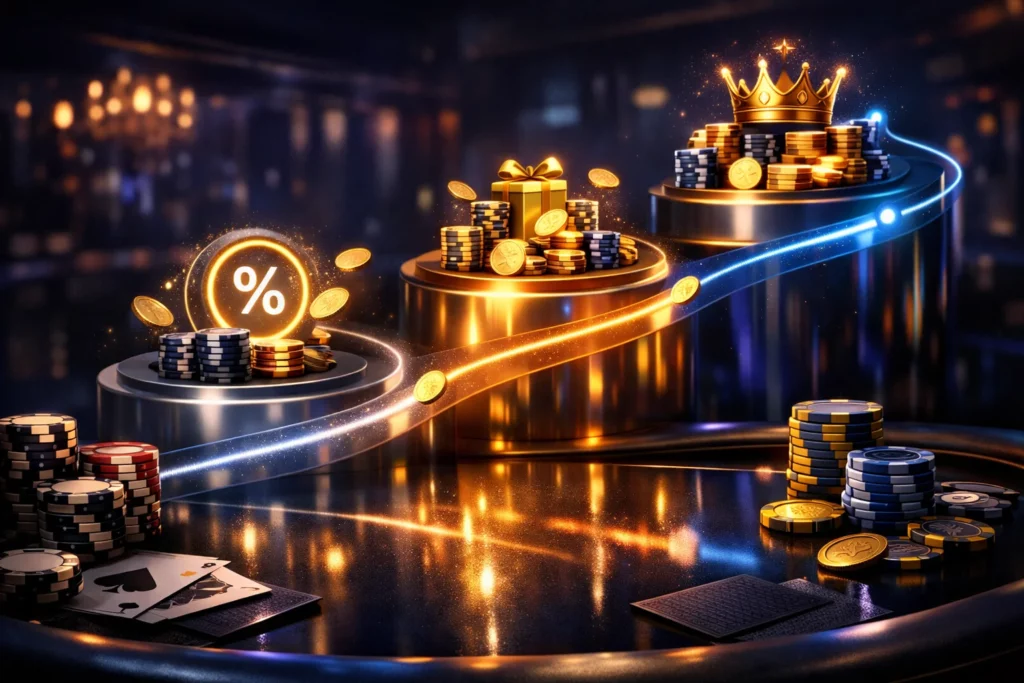 Bonus levels shown with chips, coins, gift box and crown on a gaming table