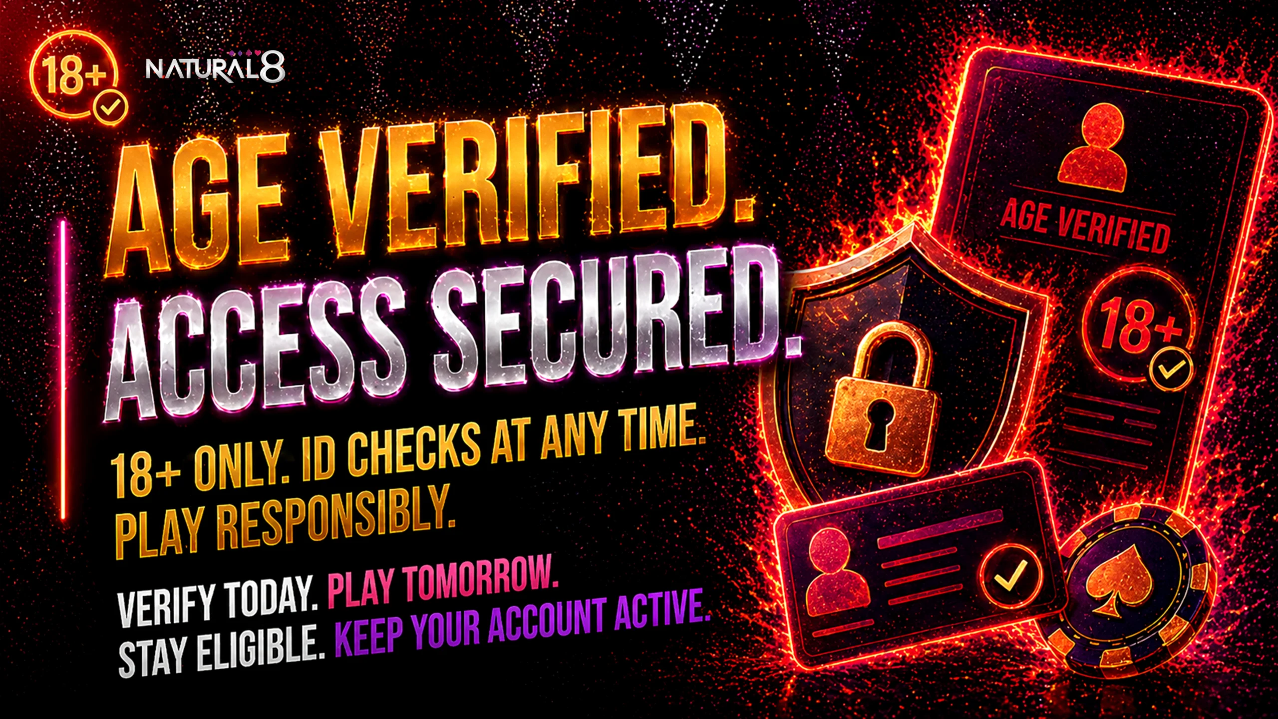 Natural8 age verification banner with ID check 18 plus restriction and secure access concept