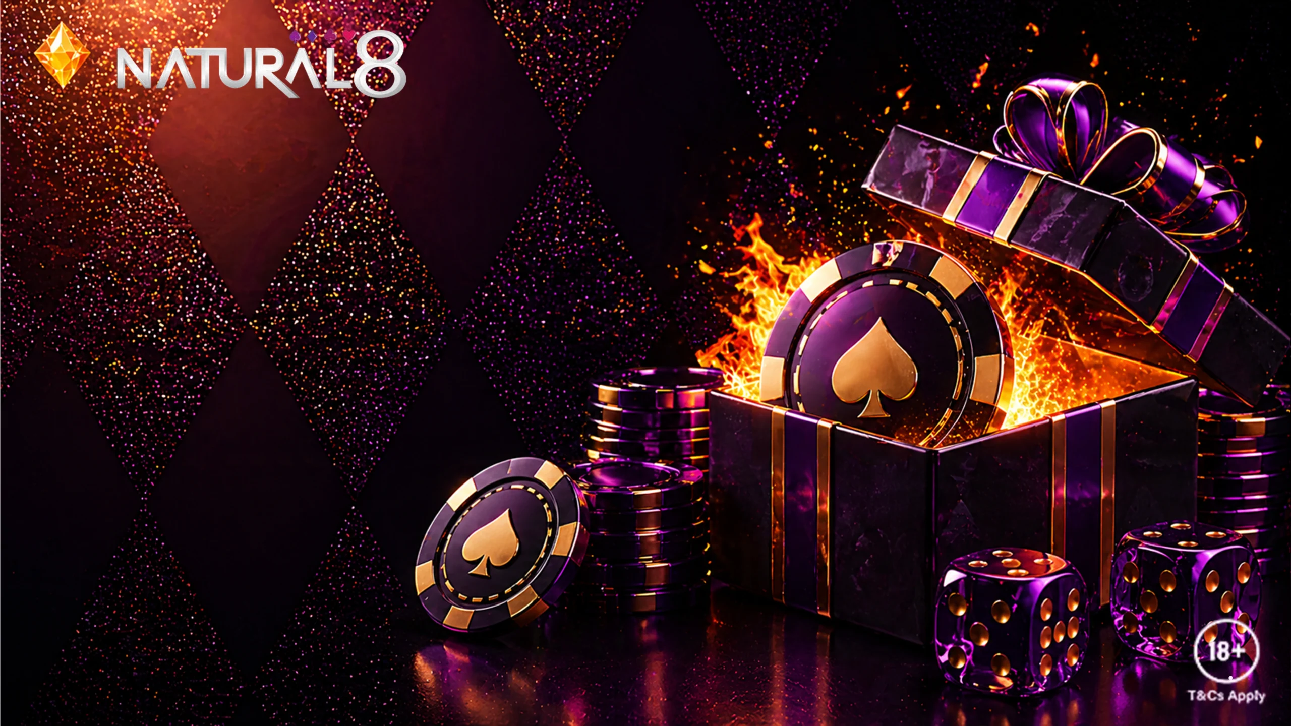 Natural8 bonus reward banner with gift box poker chips dice and welcome rewards promotion concept