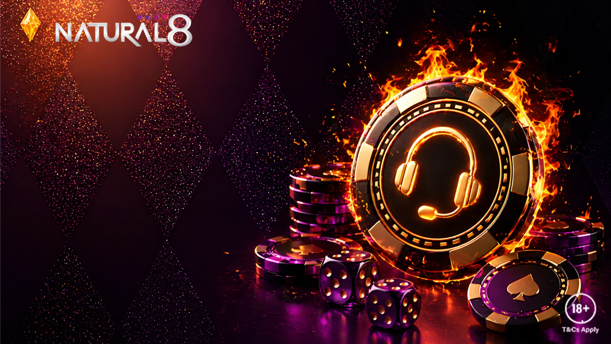 Natural8 customer support banner with headset icon poker chips dice and casino help service theme