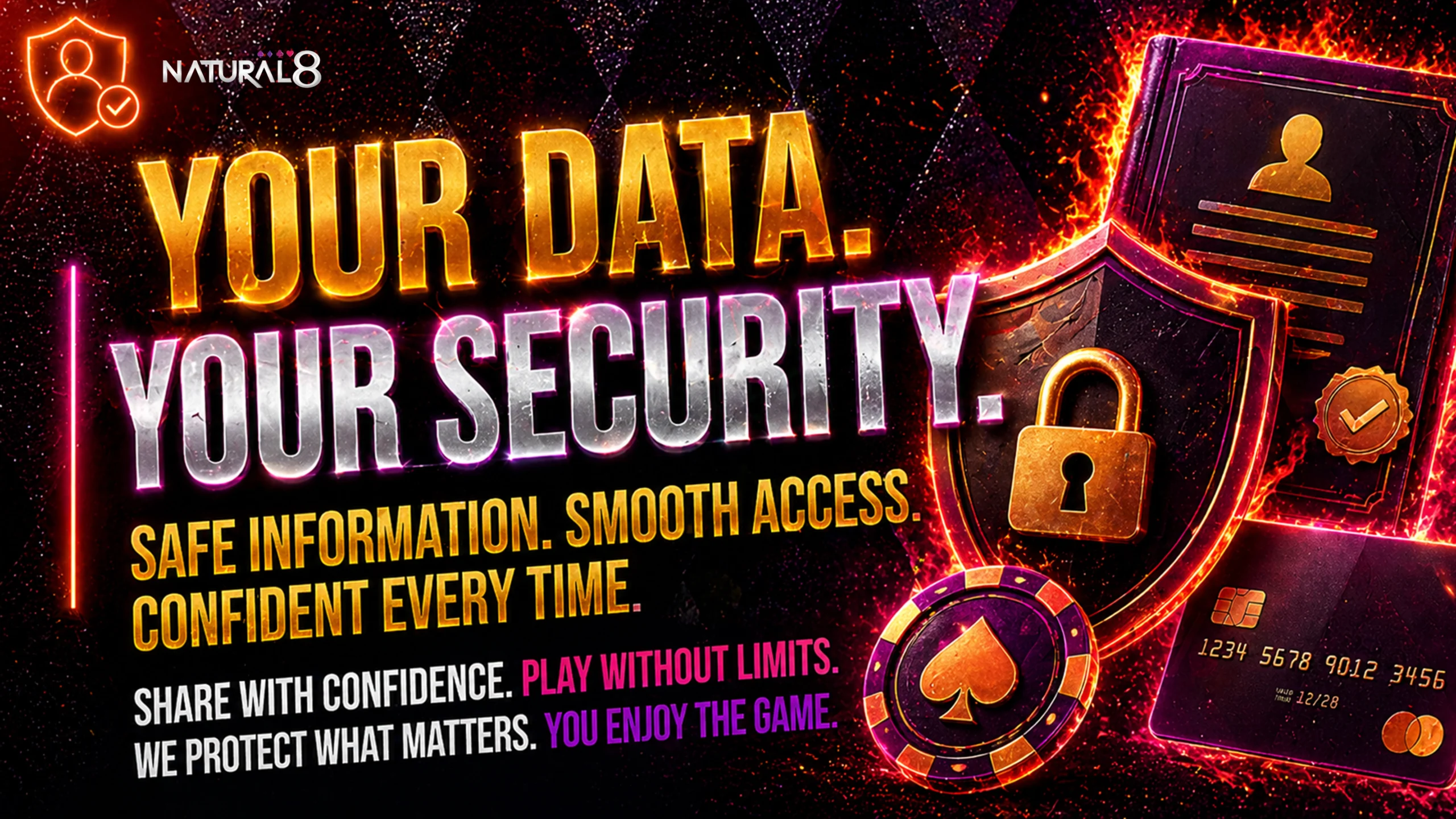 Natural8 data security banner with shield lock credit card and safe account protection concept
