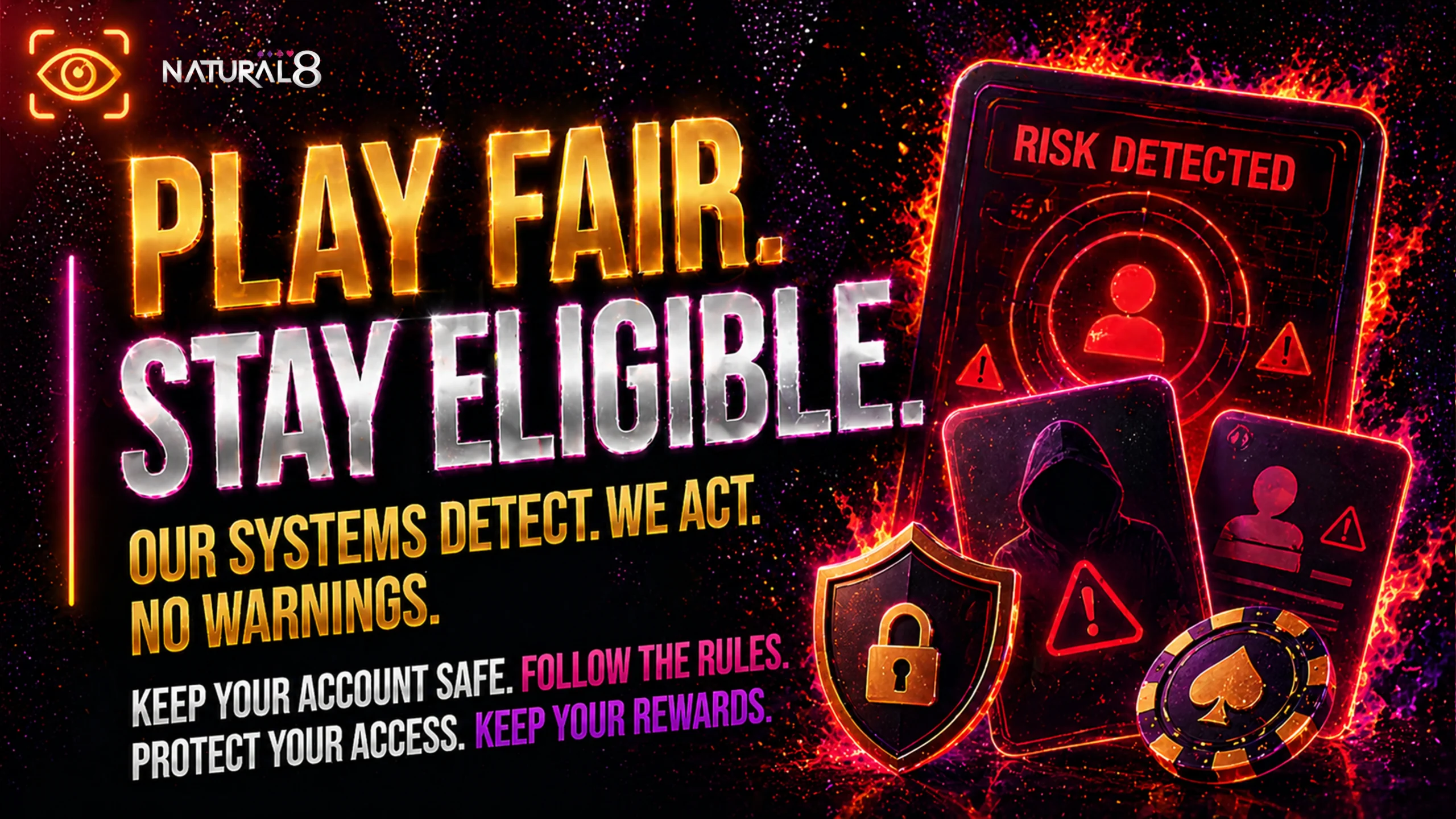 Natural8 fair play banner with risk detection interface security alerts and fraud protection concept