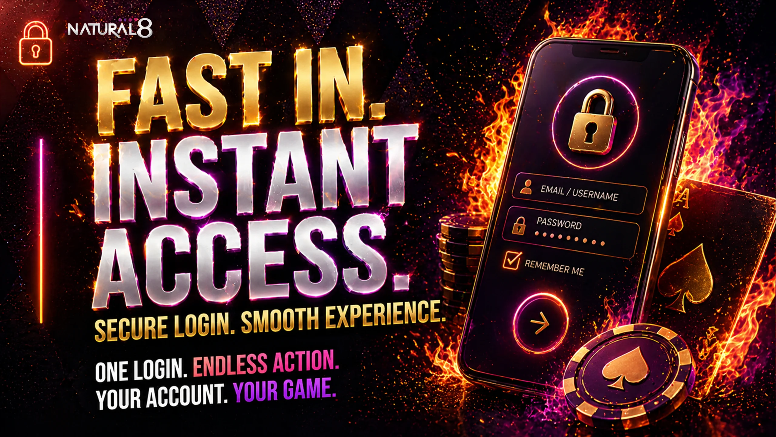Natural8 fast login banner with secure access smartphone interface poker chips and smooth login experience