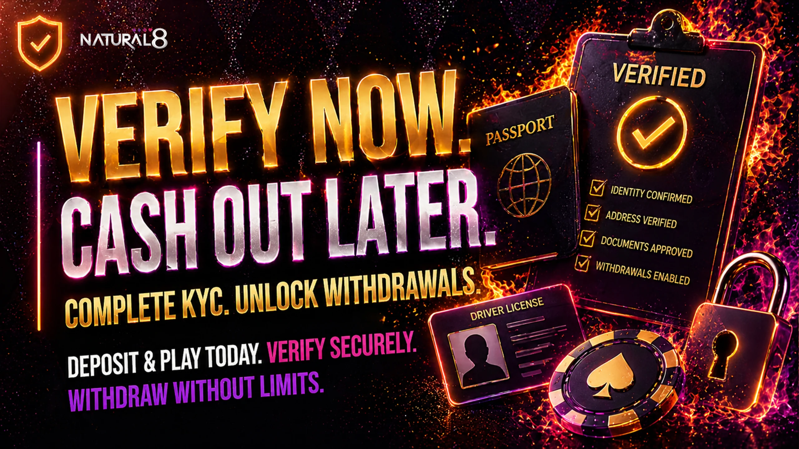 Natural8 KYC verification banner with passport documents verified checklist and withdrawals unlock concept