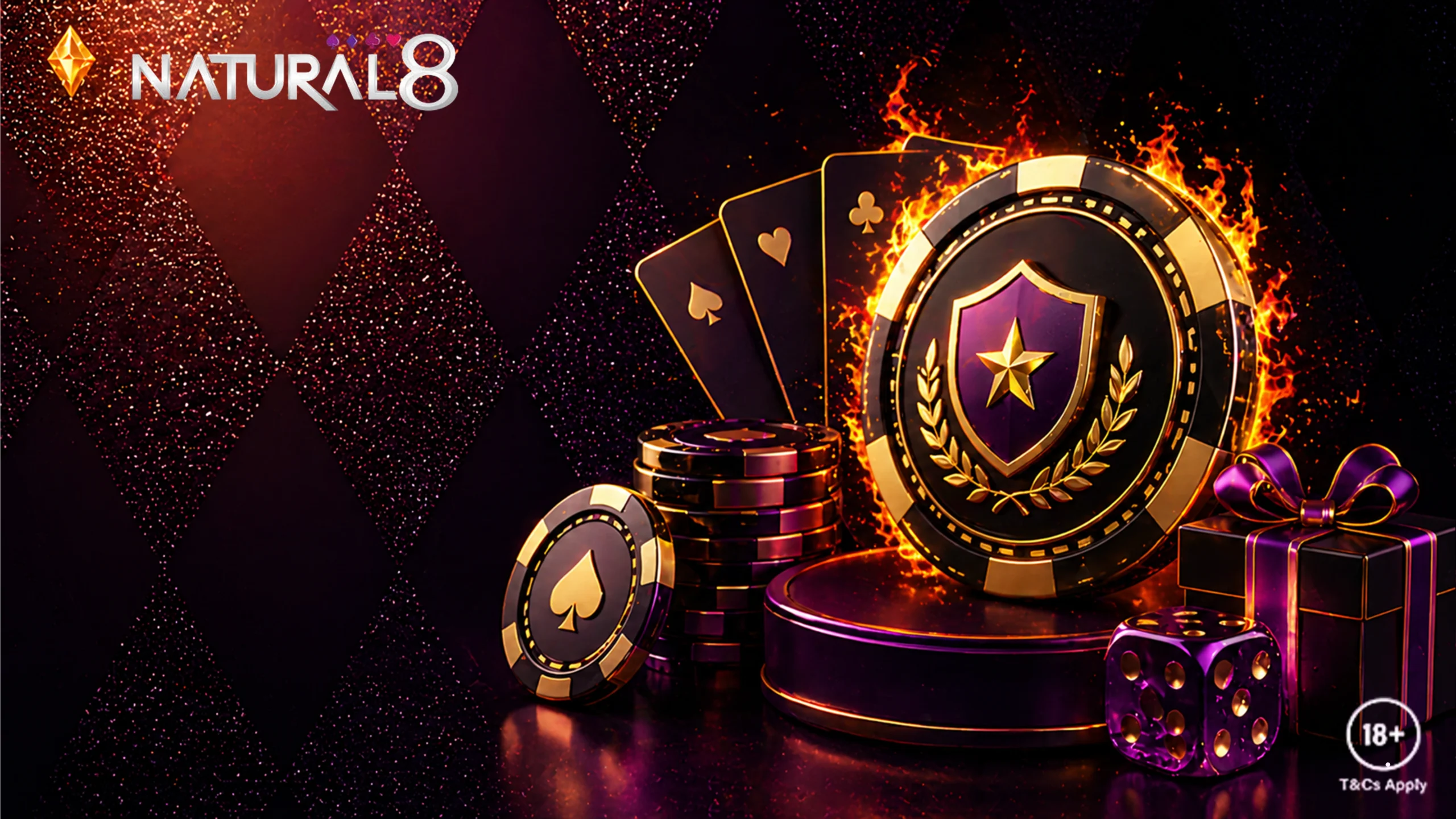 Natural8 rewards banner with poker chips shield star gift box and loyalty bonus concept