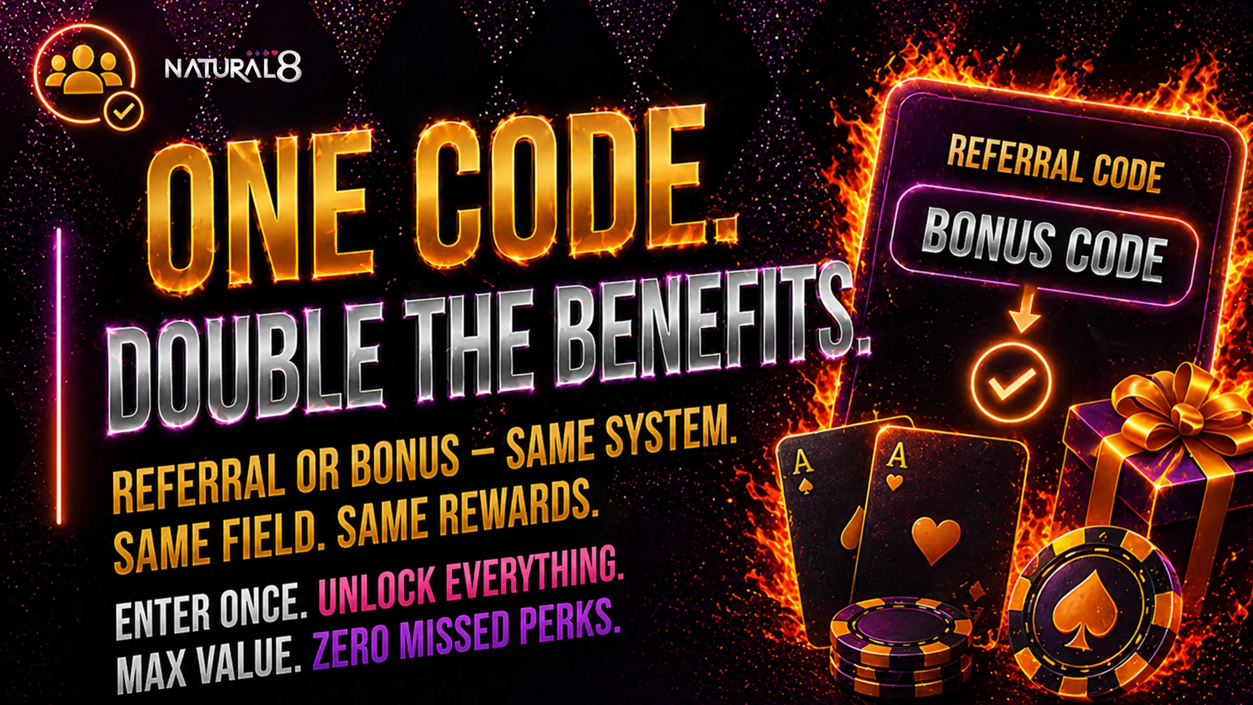 Natural8 referral and bonus code system banner showing single code entry