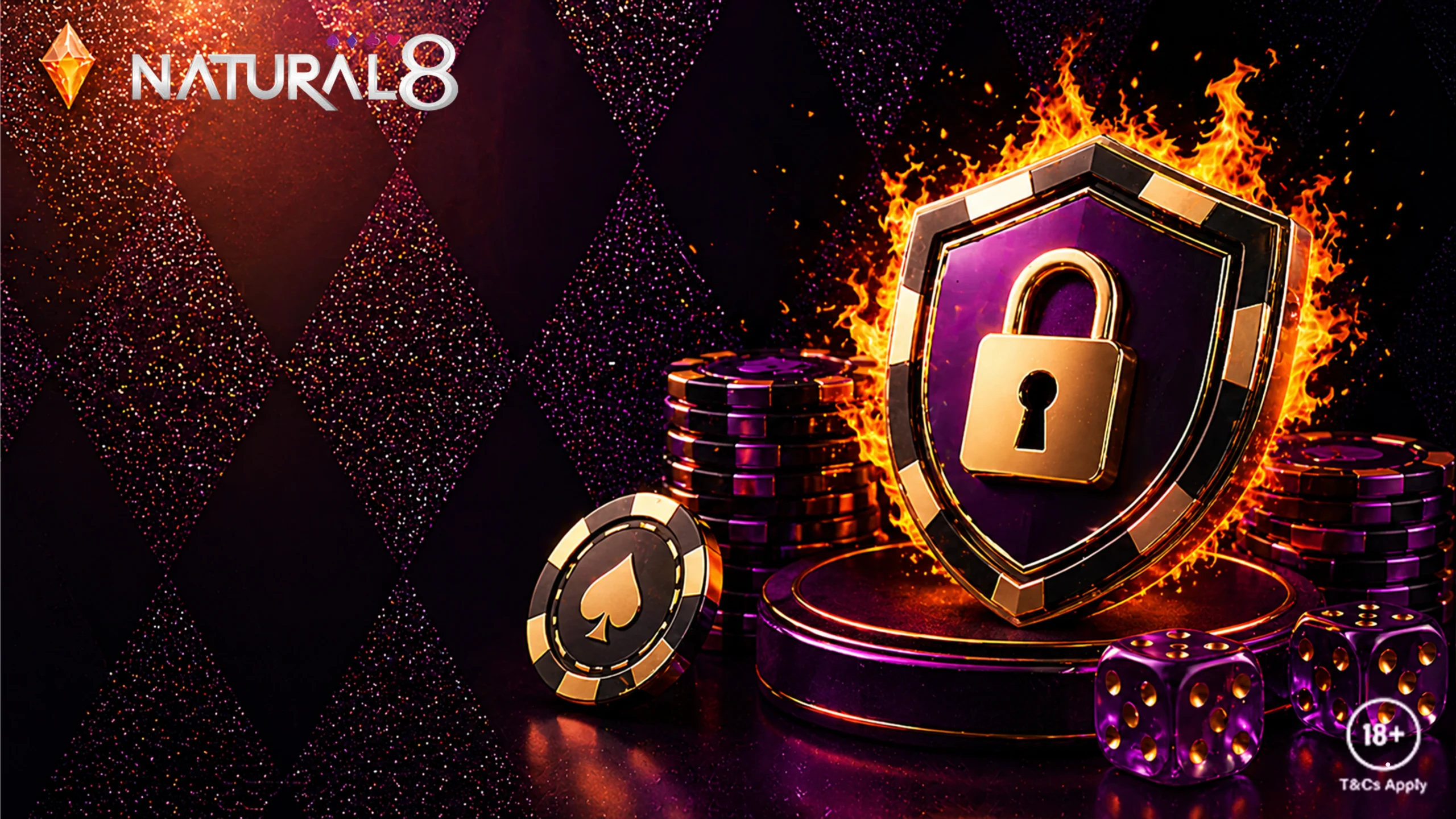 Natural8 security banner with shield lock poker chips dice and account protection concept