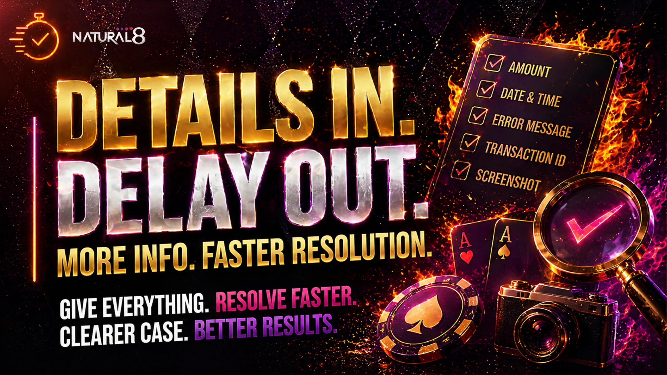 Natural8 support banner with details in delay out checklist camera poker chips and faster resolution concept