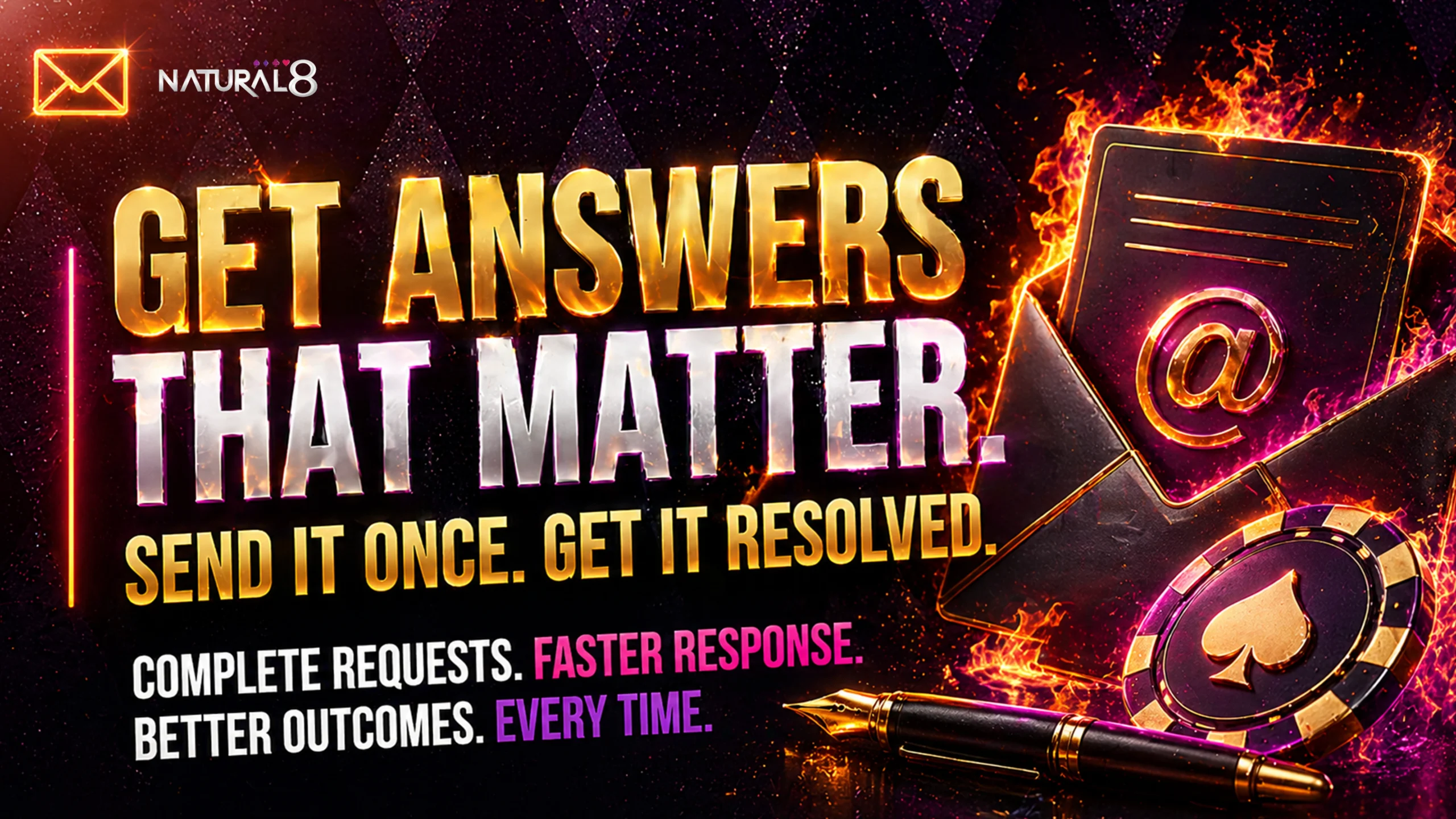 Natural8 support banner with get answers message envelope email icon poker chip and fast response concept
