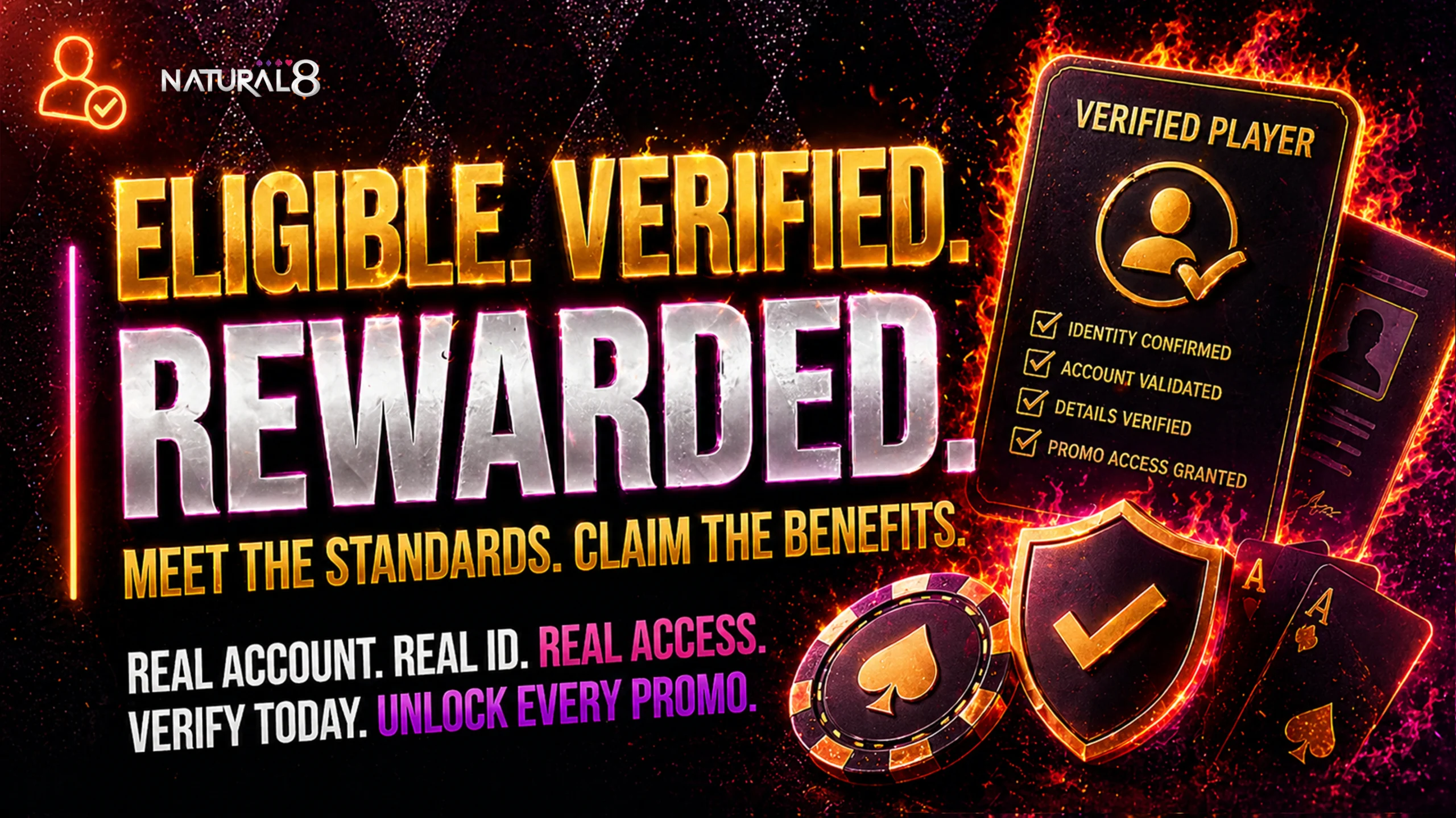Natural8 verified player banner with KYC checklist ID verification shield and promo access concept