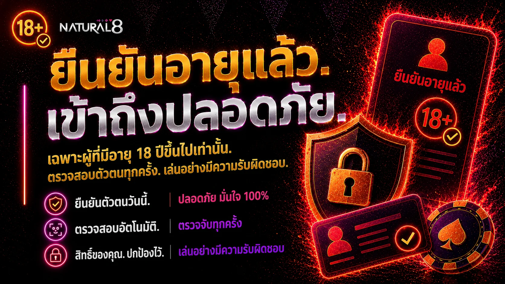 แบนเนอร์การยืนยันอายุ Natural8 พร้อมการตรวจสอบ ID ข้อจำกัด 18 ปีขึ้นไป และแนวคิดการเข้าถึงที่ปลอดภัย