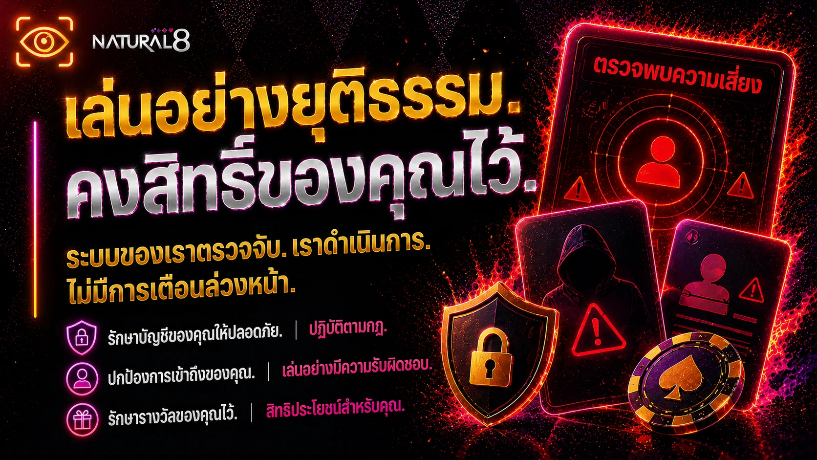 แบนเนอร์การเล่นอย่างยุติธรรมของ Natural8 พร้อมอินเทอร์เฟซตรวจจับความเสี่ยง การแจ้งเตือนความปลอดภัย และแนวคิดการป้องกันการฉ้อโกง