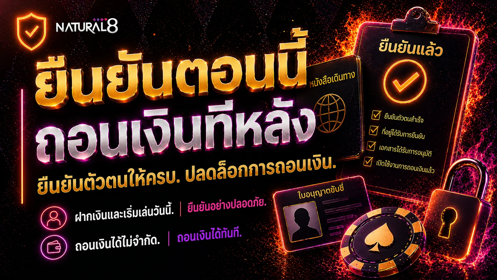 แบนเนอร์การยืนยัน KYC ของ Natural8 พร้อมหนังสือเดินทาง เอกสาร รายการตรวจสอบที่ยืนยันแล้ว และแนวคิดการปลดล็อกการถอนเงิน