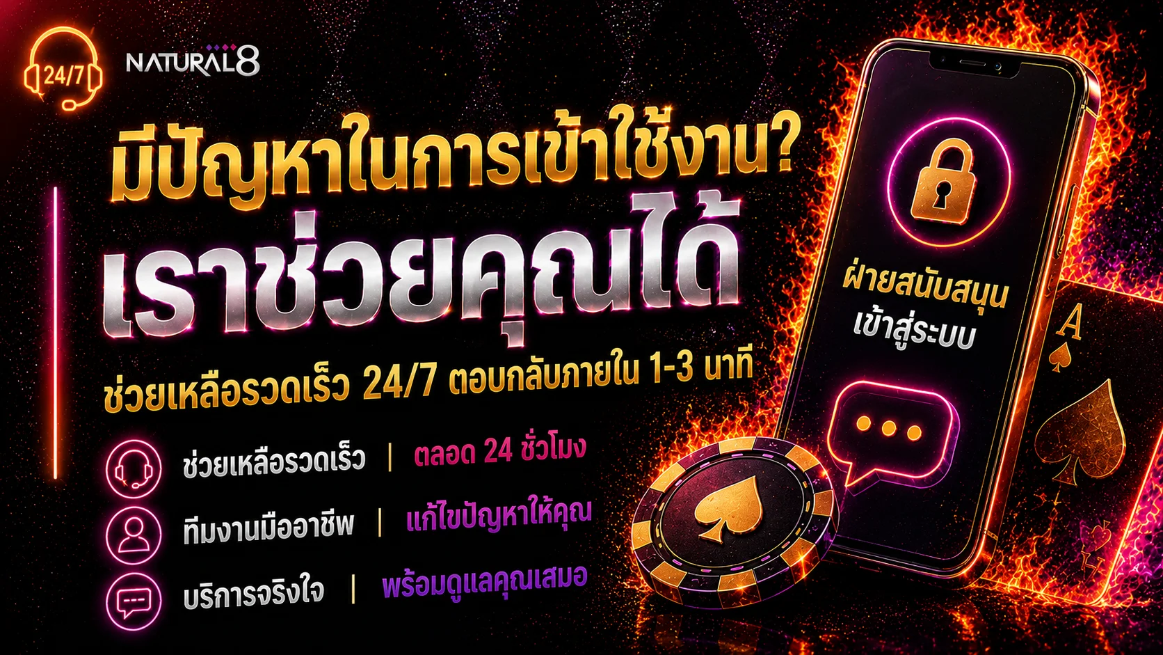 แบนเนอร์สนับสนุนการเข้าสู่ระบบ Natural8 พร้อมข้อความปัญหาการเข้าถึง ไอคอนแชทสมาร์ทโฟน และแนวคิดช่วยเหลือรวดเร็ว
