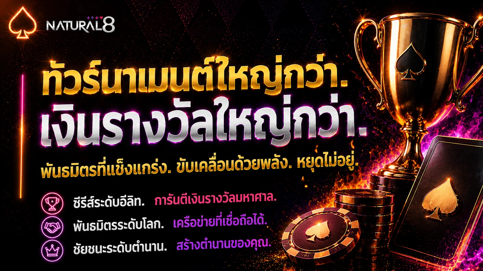 แบนเนอร์โปรโมชัน Natural8 พร้อมอีเวนต์ใหญ่ รางวัลมากขึ้น ถ้วยรางวัล ชิป และธีมรางวัลระดับพรีเมียม