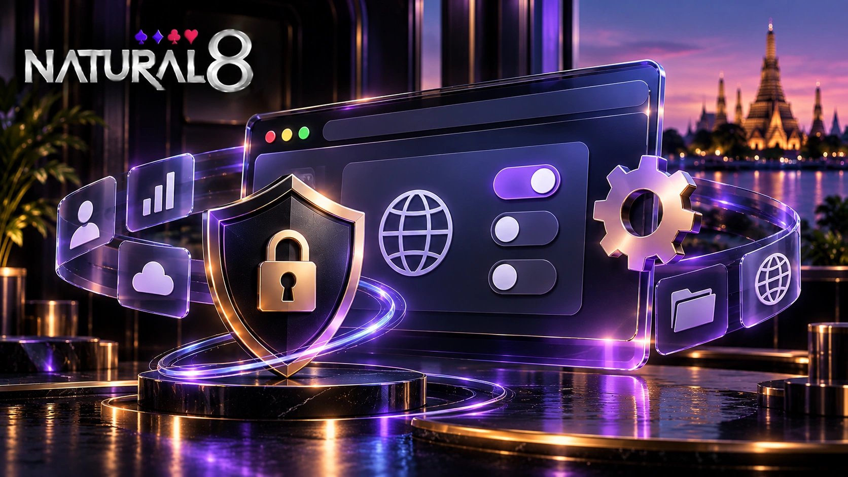 Natural8 cookie privacy settings with browser controls, security shield and data protection icons