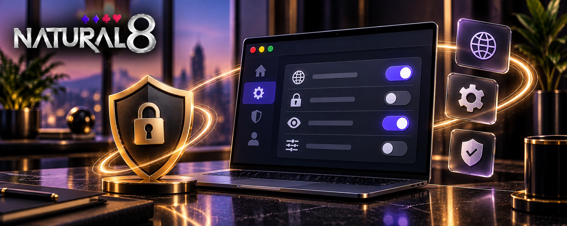Natural8 browser privacy settings with security shield, toggle controls and data protection icons