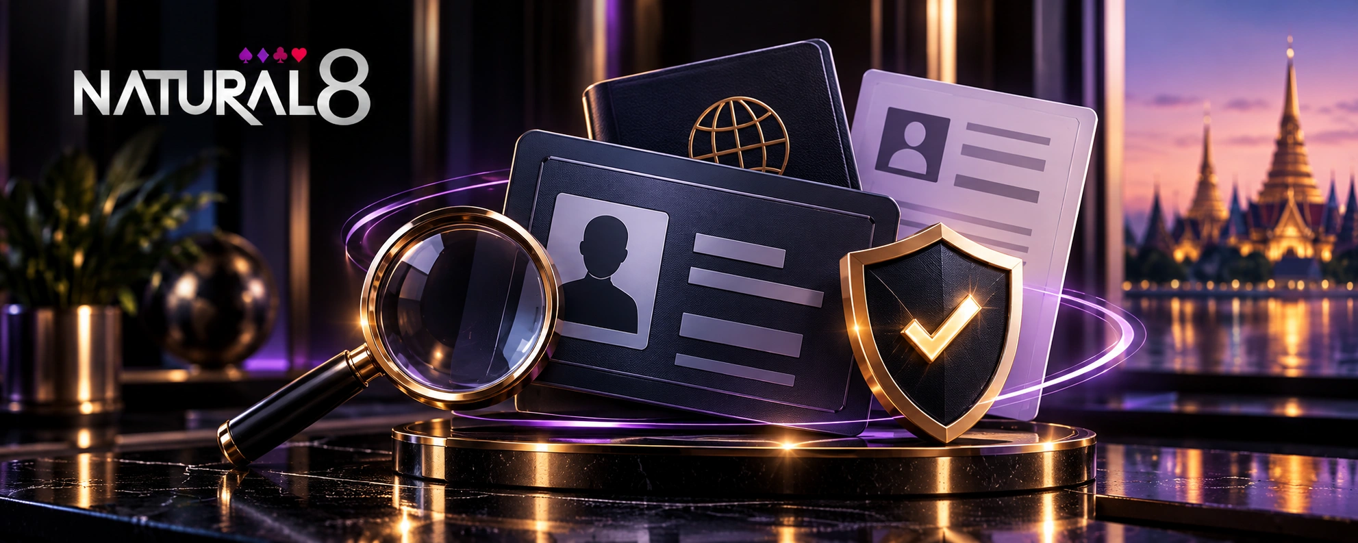 Natural8 identity verification with ID card, magnifying glass, passport and verified security badge