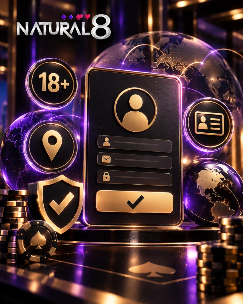 Natural8 registration eligibility with age, location, identity and security verification icons