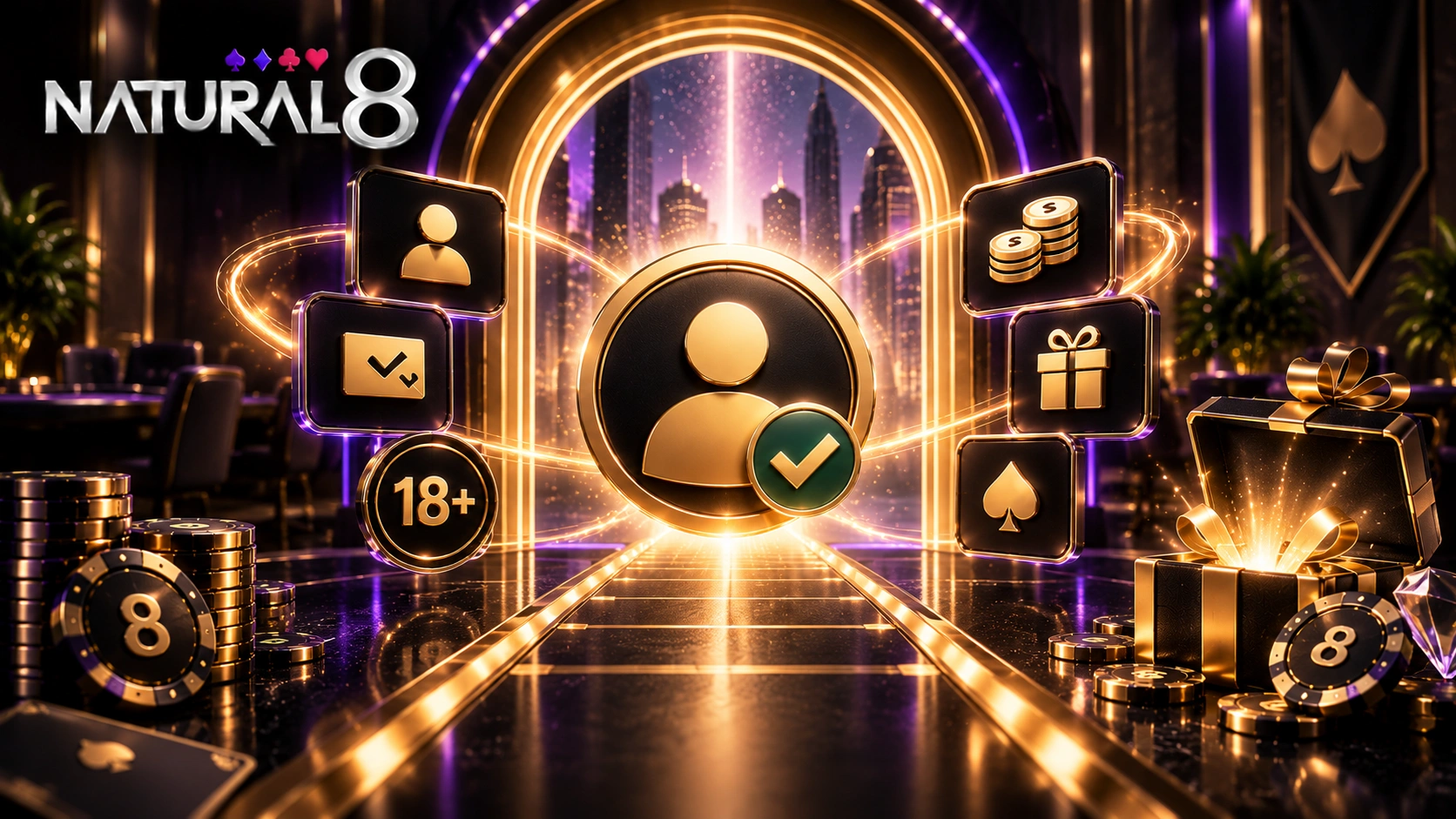 Natural8 registration gateway with verified profile, 18+ icon, welcome rewards and luxury casino elements